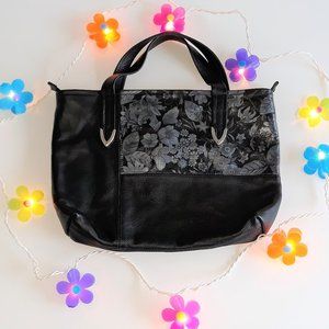 *Bamzi Bag Metallic Silver Flora Printed Black Leather Handbag Midwest